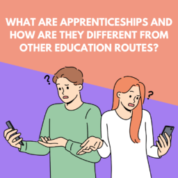 A man and woman staring quizzically at their phones wondering what apprenticeships are.